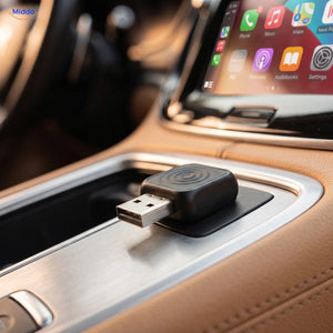 CarLink Pro with its USB-A plug in view in front of the car screen running Apple CarPlay