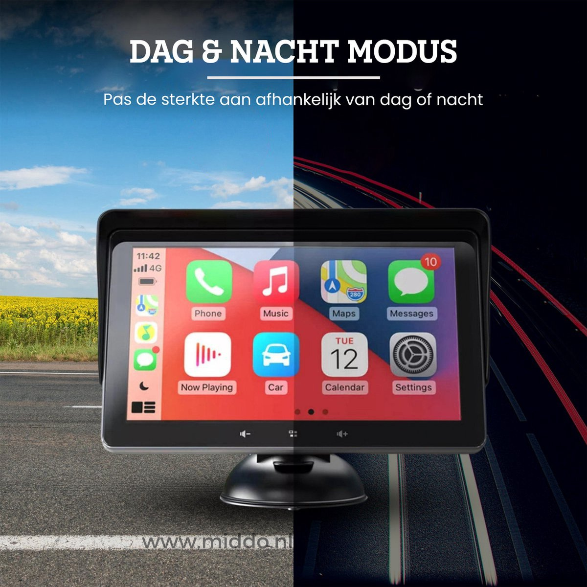 CarPlay adapter features day and night mode display for optimal visibility.