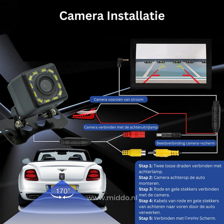 CarPlay with rear camera and backup reverse monitor for parking assistance.