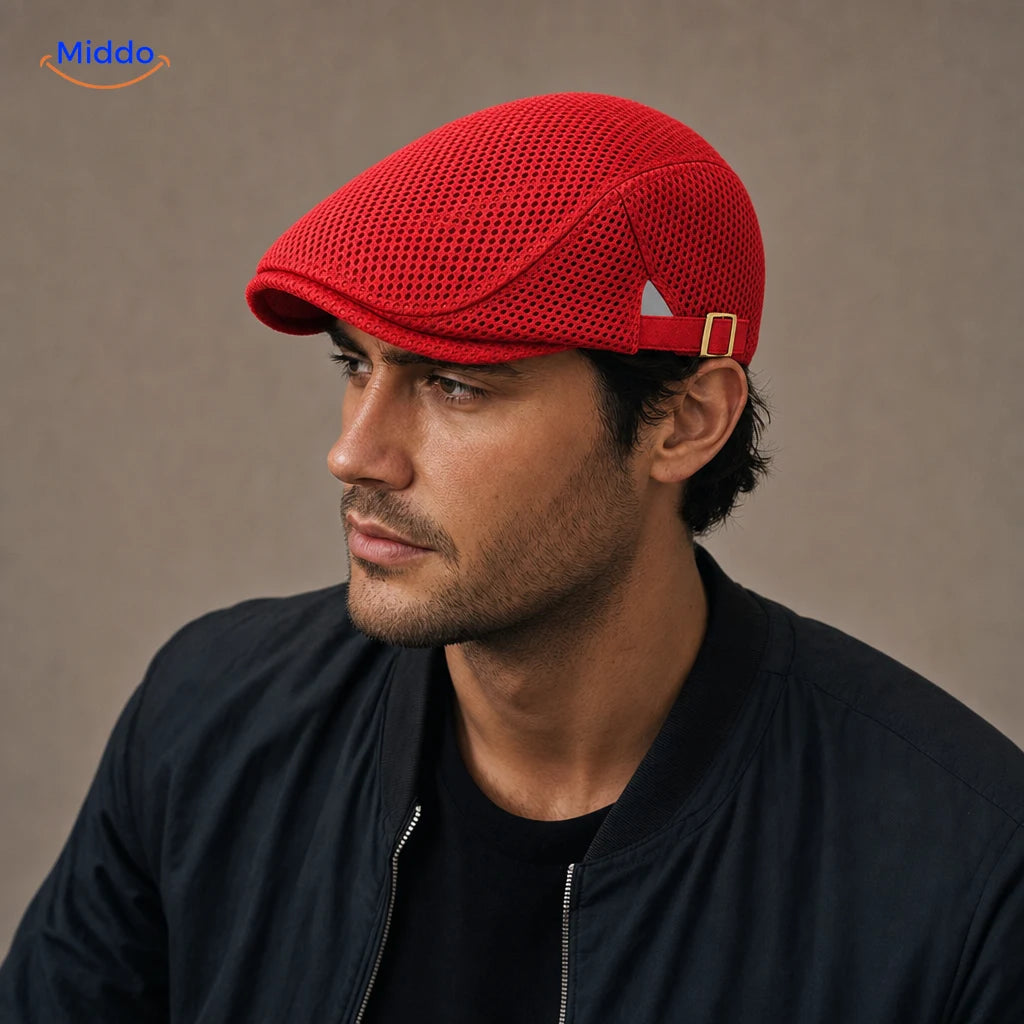 Casual Flat Cap™ | Effortless Style, Every Day in Bright red, worn by a model
