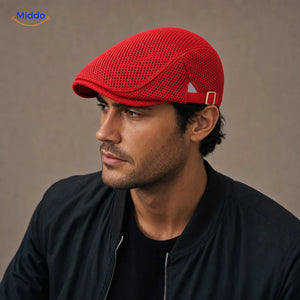 Casual Flat Cap™ | Effortless Style, Every Day in Bright red, worn by a model