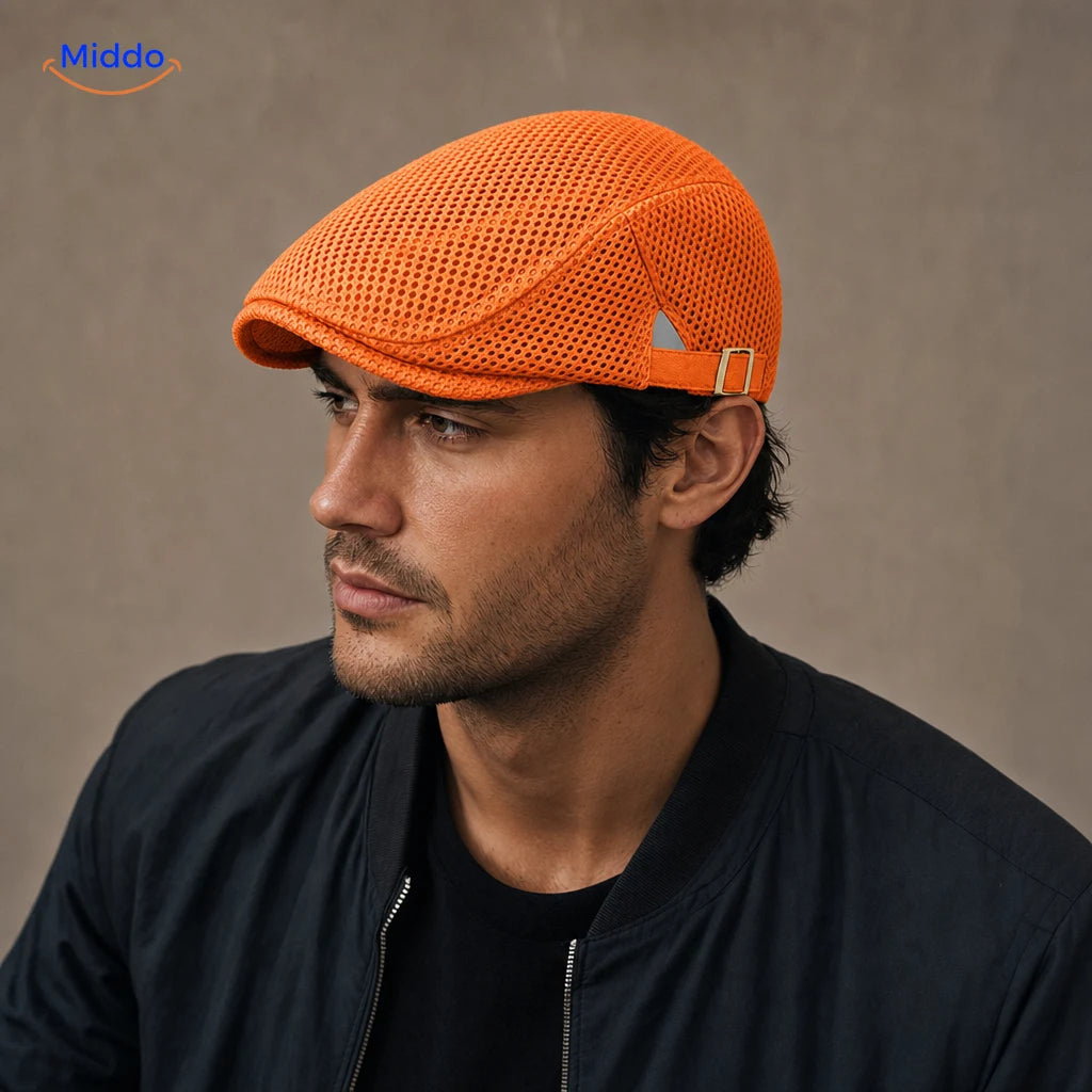 Casual Flat Cap™ | Effortless Style, Every Day in Orange, worn by a model