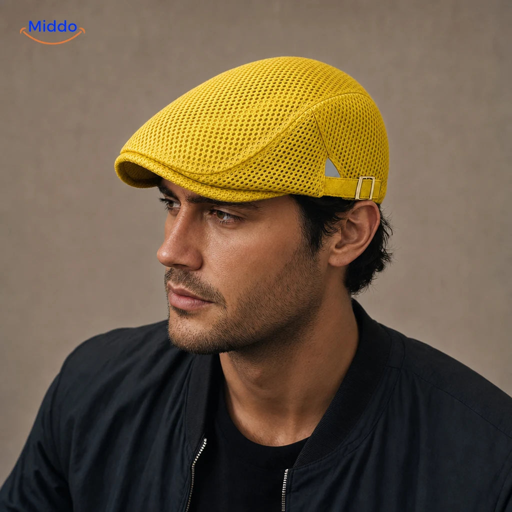 Casual Flat Cap™ | Effortless Style, Every Day in Yellow, worn by a model