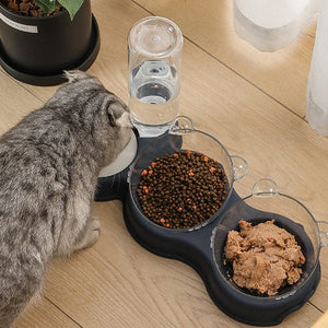 Top-down view of the three-compartment cat feeding tray showing all bowls.