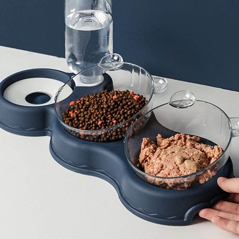 Filled TripleFeeder cat tray with food and water in separate bowls.