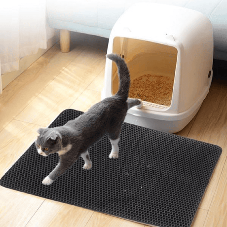 Cat litter mat trapping and containing litter around the litter box