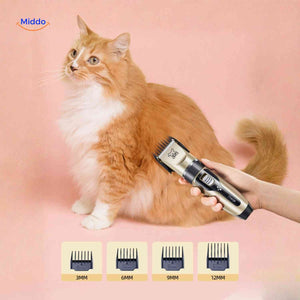 Cat grooming with adjustable comb attachments for various coat lengths.