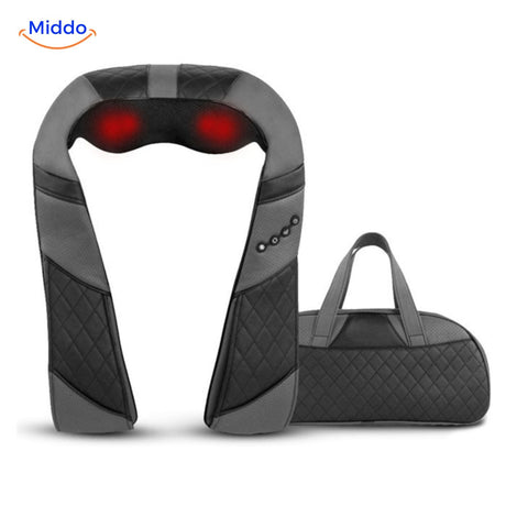 Ergonomic neck and back massager featuring targeted pressure point kneading heads.