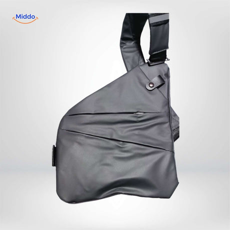 Black chest bag front view showcasing product design.