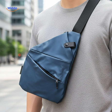 Blue Stratos chest bag styled with street fashion aesthetic.