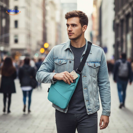 Man wearing gray chest bag during bike ride outdoors.