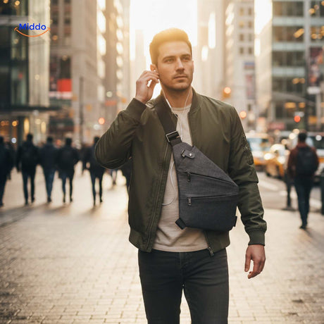 Man wearing light blue Stratos chest bag on city street.