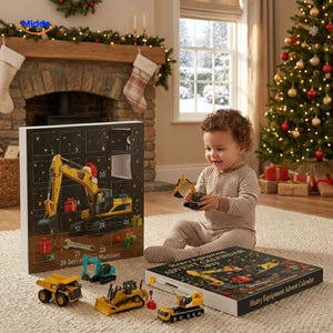 Child playing with mini construction vehicle toys indoors.