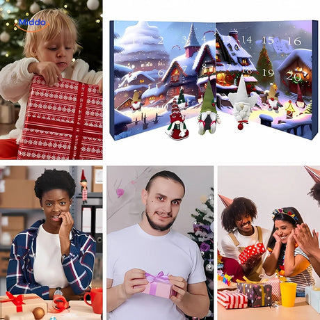 Joyful kids opening Christmas presents with the festive advent calendar.