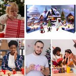 Joyful kids opening Christmas presents with the festive advent calendar.
