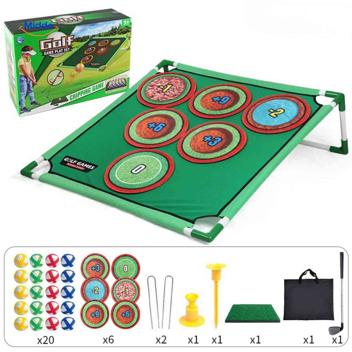 Target rings set for golf chipping game with points scoring.