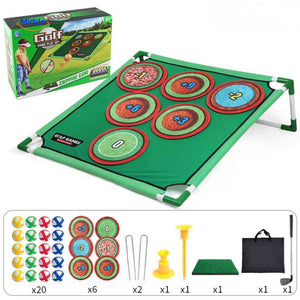Target rings set for golf chipping game with points scoring.
