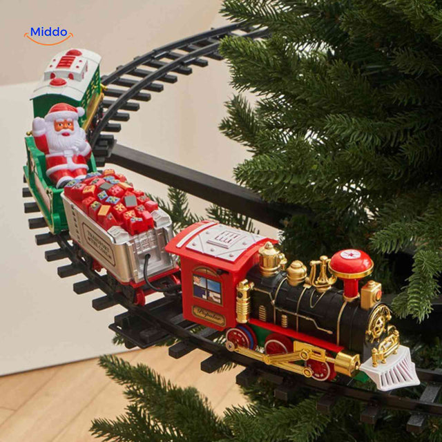 ChristmasRail steam locomotive engine with holiday lights and detailed features.