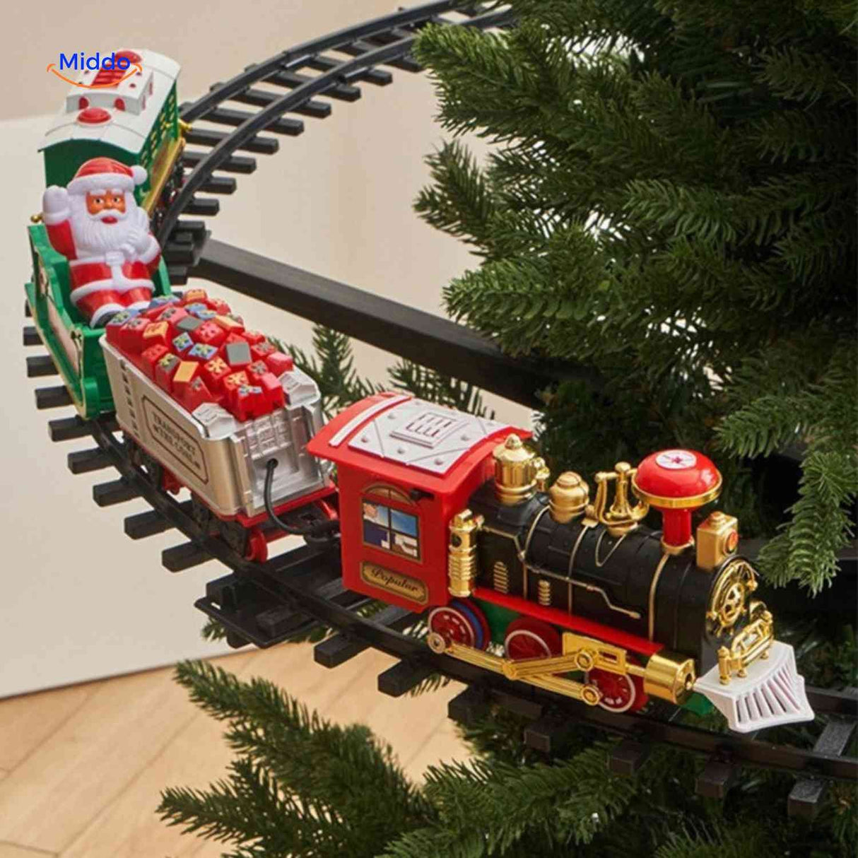 ChristmasRail circular tree train set with multiple decorated passenger cars.