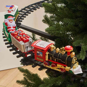 ChristmasRail circular tree train set with multiple decorated passenger cars.