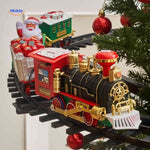ChristmasRail train set with Santa figure and decorated gift cars running in circle.