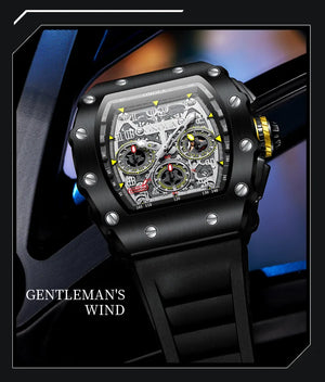 Men's sports chronograph with black dial and yellow accents.
