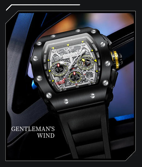 Men's sports chronograph with black dial and yellow accents.
