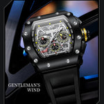 Men's sports chronograph with black dial and yellow accents.