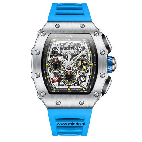 Waterproof chronograph watch with blue dial and silver finish.
