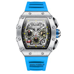Waterproof chronograph watch with blue dial and silver finish.