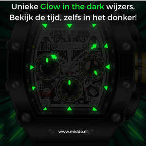 Men's waterproof chronograph with dark green dial and hands.