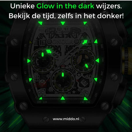 Men's waterproof chronograph with dark green dial and hands.