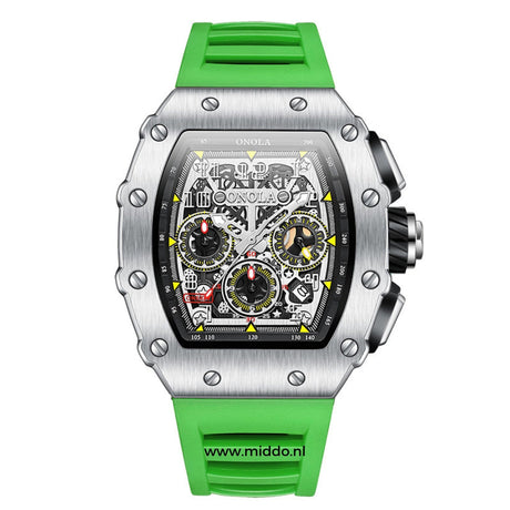Men's chronograph with green dial and silver stainless case.