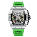 Men's chronograph with green dial and silver stainless case.
