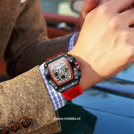 Premium chronograph watch displayed in lifestyle setting.