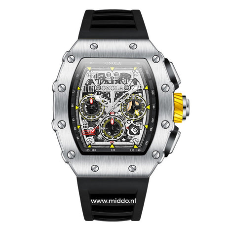 Silver case chronograph watch with black dial and hands.