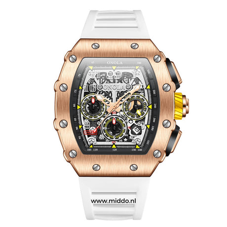 Men's chronograph with white dial and rose gold case.