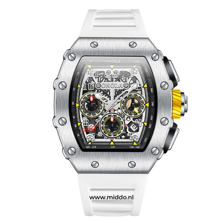 Men's chronograph with white face and polished silver case.