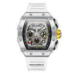 Men's chronograph with white face and polished silver case.