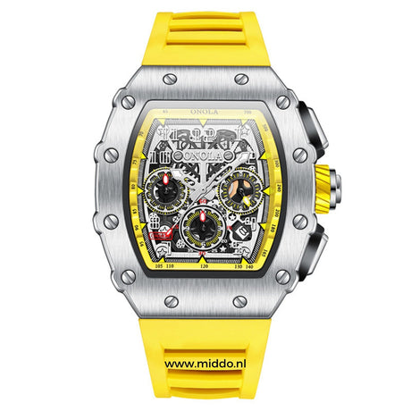 Waterproof chronograph watch featuring yellow dial and silver case.