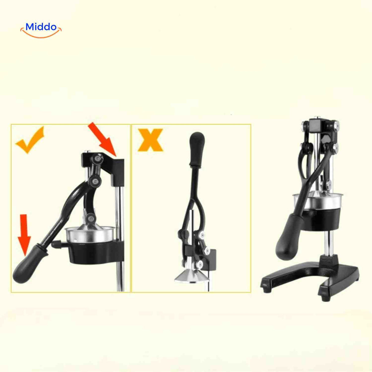 Instructions showing proper technique for using Citripress manual citrus juicer.