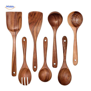 Classic wooden spatulas and spoons made from durable heat-resistant teak wood.