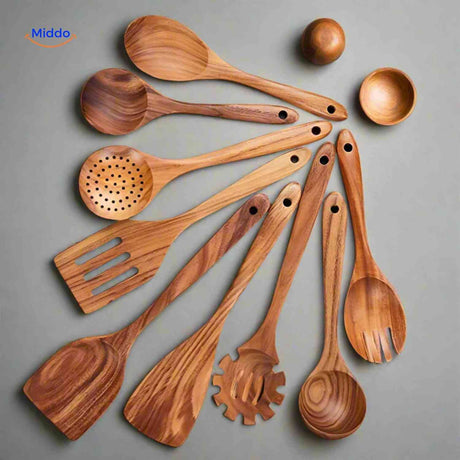 Classic wooden kitchen utensil set featuring heat-resistant teak spoons and spatulas.