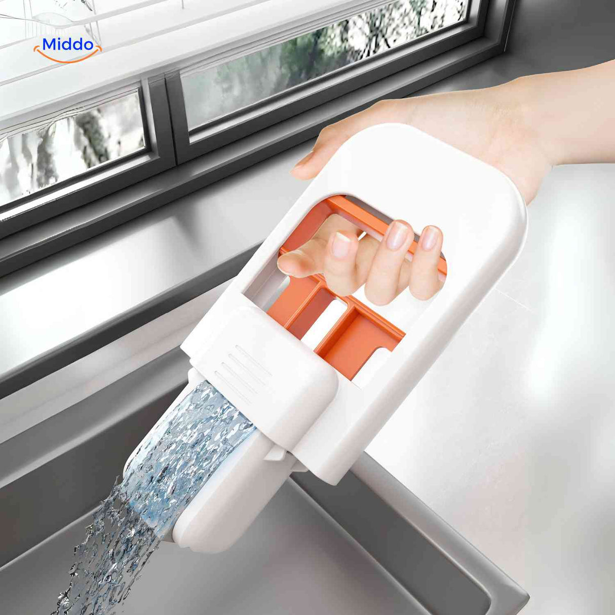 Cleanzy mop features innovative self-wringing function for convenient, efficient cleaning.