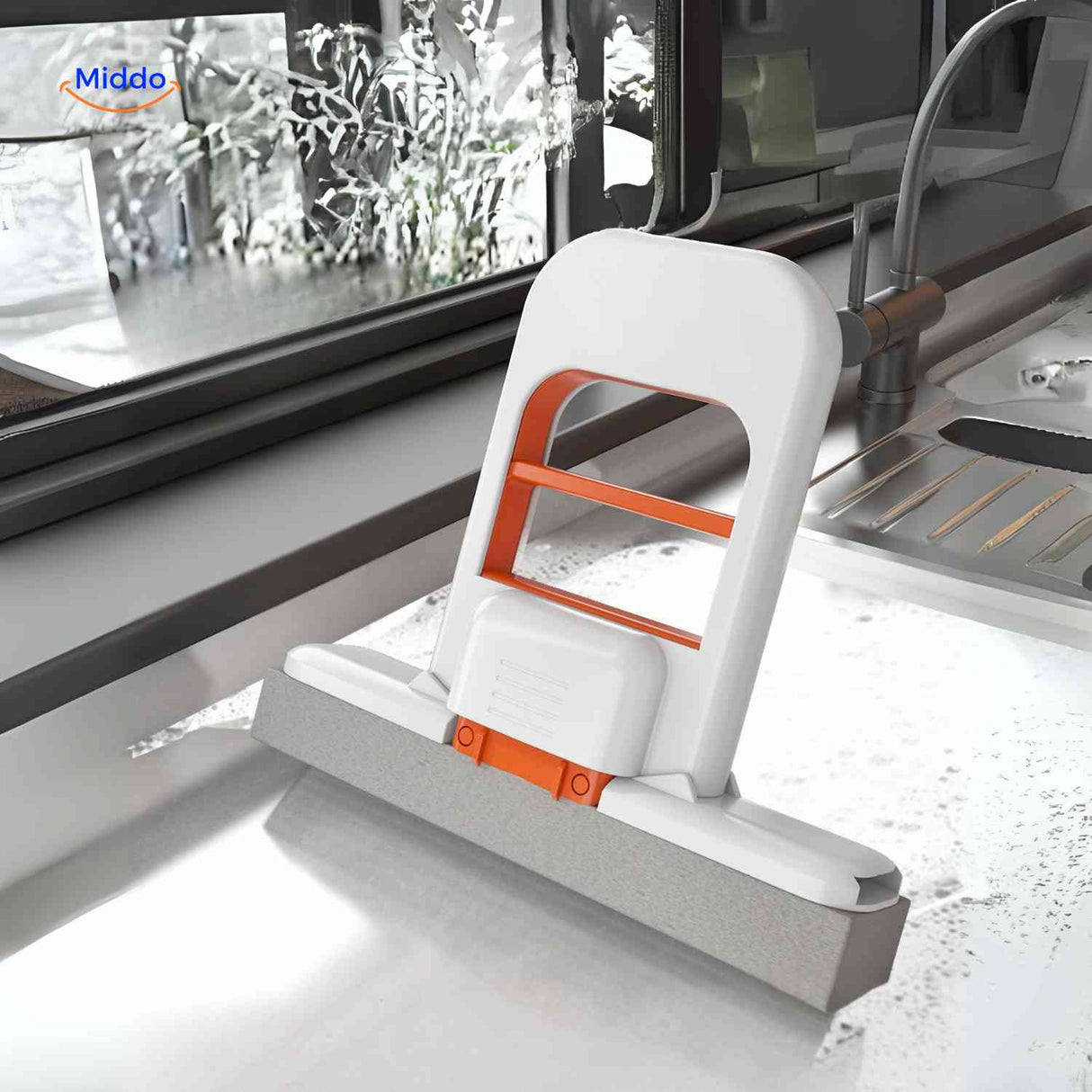 Cleanzy foldable mop for kitchen sink and floor cleaning with self-wringing bucket.
