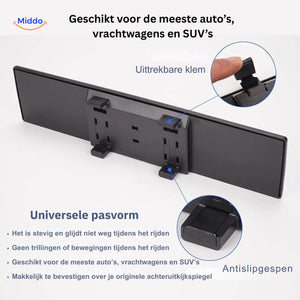 Wide-angle rearview mirror with enhanced safety features and visibility technology.