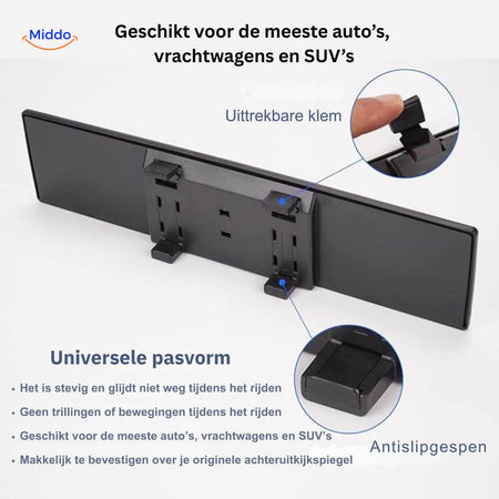Wide-angle rearview mirror with enhanced safety features and visibility technology.