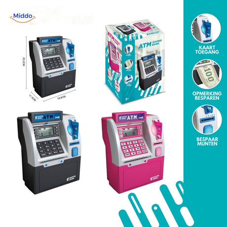 Coin and bill ATM savings machine with card insertion slot and currency acceptance.