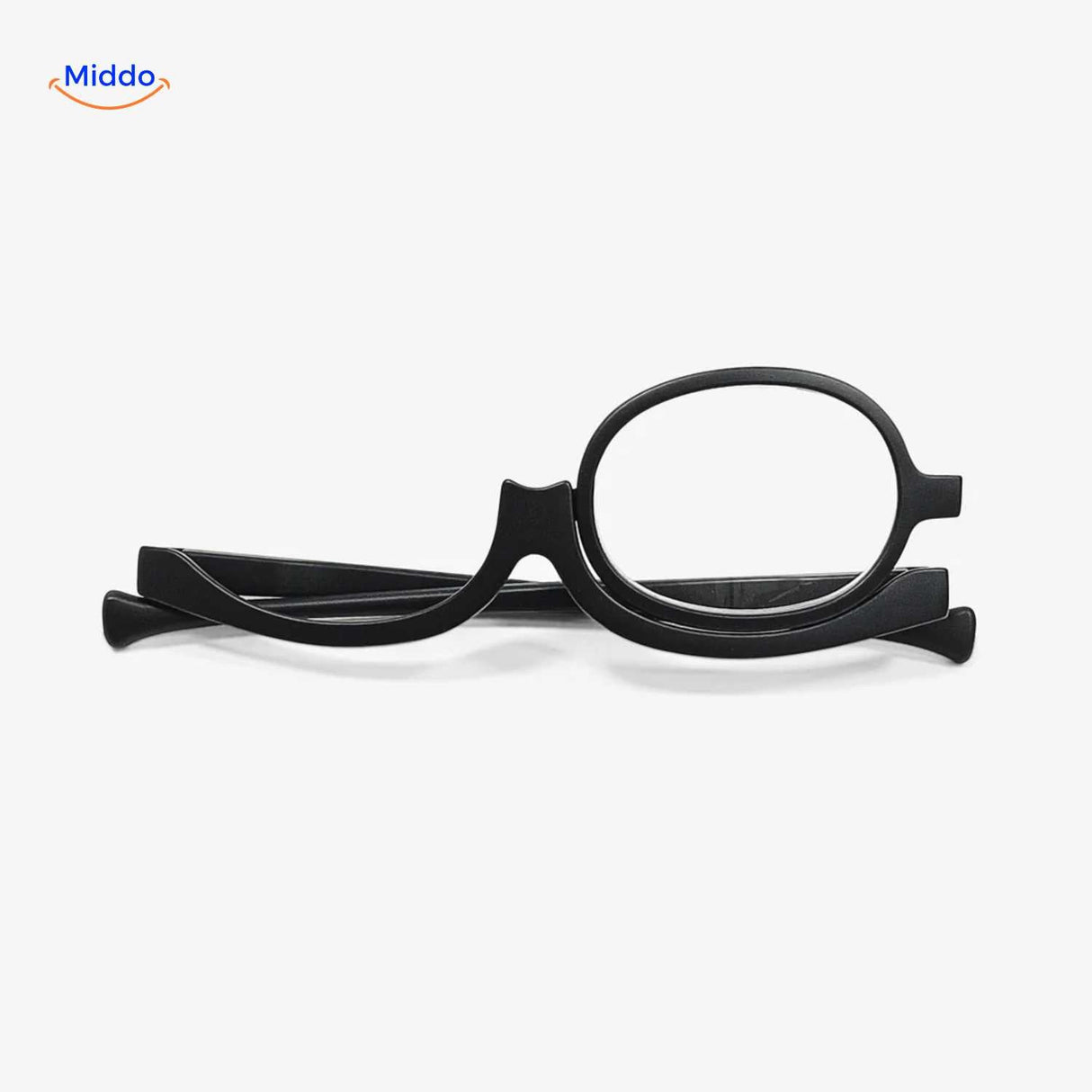 Collapsible rotating makeup reader glasses with single rotating lens design.