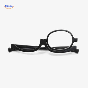 Collapsible rotating makeup reader glasses with single rotating lens design.